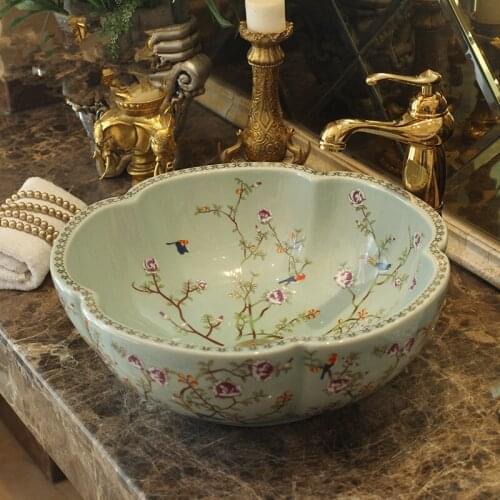 Europe style chinese wash basin Jingdezhen Art Counter Top ceramic basin sink shampoo bowls flower and bird