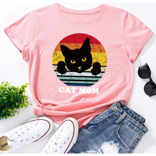 Womens Graphic Tees Cotton Short Sleeve Crew Neck Loose T Shirt Plus Size Tops Female Summer Casual Clothes Black Cat Mom