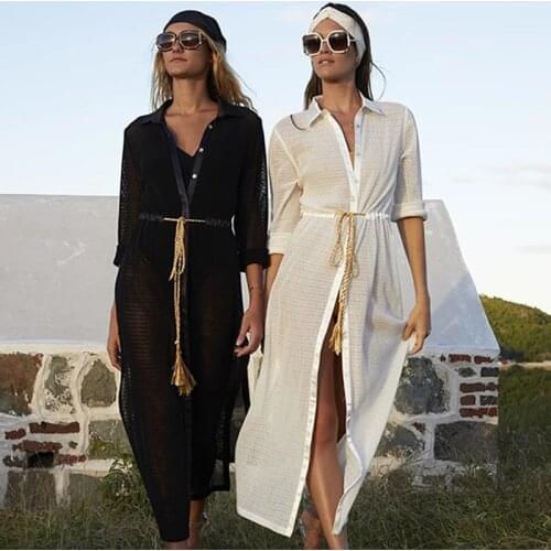 Summer Sexy Long Beach Dress Mesh Material Shirt-style Beach Skirt Seaside Vacation Bikini Outer Blouse Sunscreen Cardigan Women