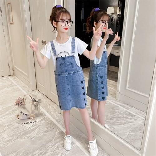 Sweet Kid Baby Girl Clothes Casual White T Shirt Top Denim Dress Strap Jeans Skirt Outfit Set 3-12Y