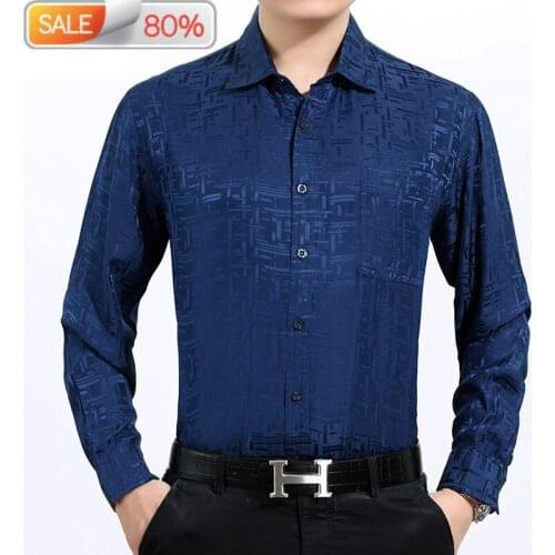 100%Silk Men Summer Blue White Dress Shirt Man 2020 Gentlemen Button Chemise Homme Manche Longue 33A3 B21942
