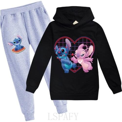 2021 Autumn Casual Tracksuit Children Boy Girl Cotton Disney Stitch Hoodies Pants 2pcs/sets Kids Sport Suit Infant Clothing