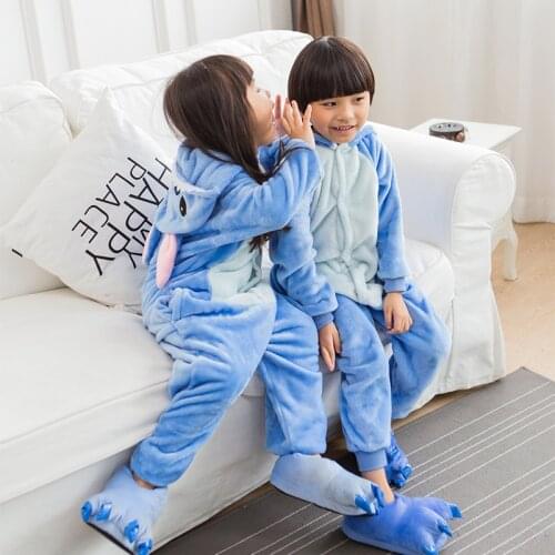Winter Kids Onesie Hooded Pajama Children Sleepwear Boy Girl Cartoon Stitch Unicorn Panda Animal Anime Pijama Flannel Nightwear