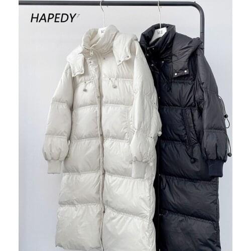 2021 Winter White Duck Down Long Jacket Women Hooded Loose Bubble Coats Zipper Fashion Puffer Windproof Snow Outwear Warm Coats