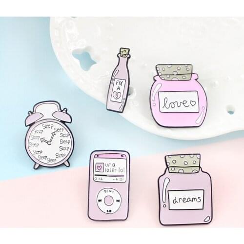 Pink Clock Enamel Lapel Pins MP3 Alarm Clock Love And Dream Bottles Fix Love Bottle Cartoon Fashion Gifts Jewelry Brooches