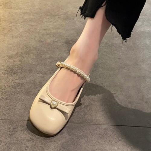 Women Flats 2021 New Fashion Girls Mary Janes Shoes Pearls Princess Shoes Sweet Bow Pearls Shallow White Wedding Shoe 9320L