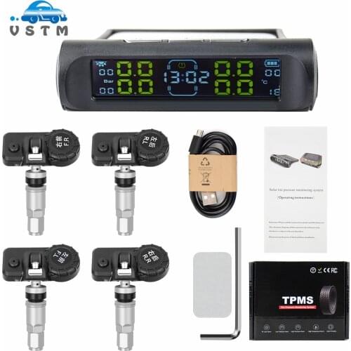 Universal TPMS Wireless Tire Pressure Monitoring System Solar Power Clock LCD Display 4 External Sensor Tire Pressure Sensors