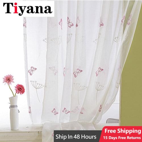 Embroidered Butterfly Tulle Curtains for Kitchen Bedroom Sheer Dandelion Window Drapes Panels for Girls Room Living Room P266Z