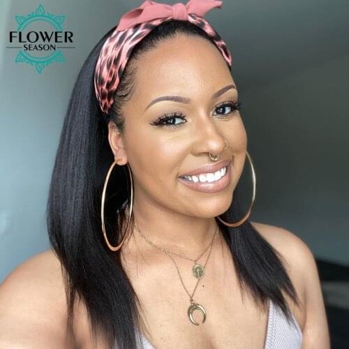 Yaki Straight Headband Wig Human Hair Full Machine Made Wigs 180 Density Remy Brazilian Hair For Women FlowerSeason