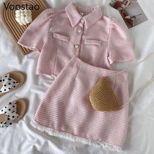 Summer Sweet Lolita Style Princess Skirt Sets Women Elegant Pink Short Sleeve Crop Tops High Waist Tassels Mini Skirts Girl Suit