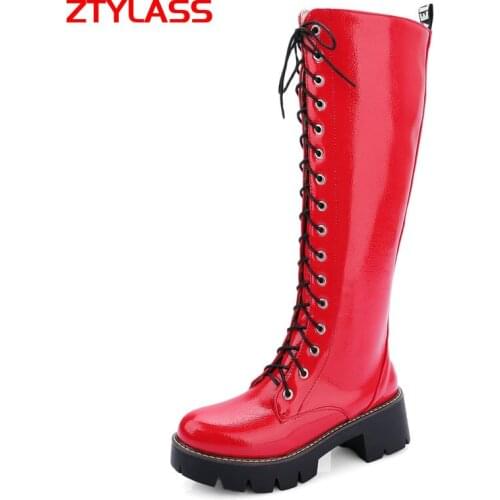 2021 Autumn Platform Womens Boots Fashion Patent Leather Knee High Boots Squae Low Heel Long Boots Laceing Zip Winter Shoes