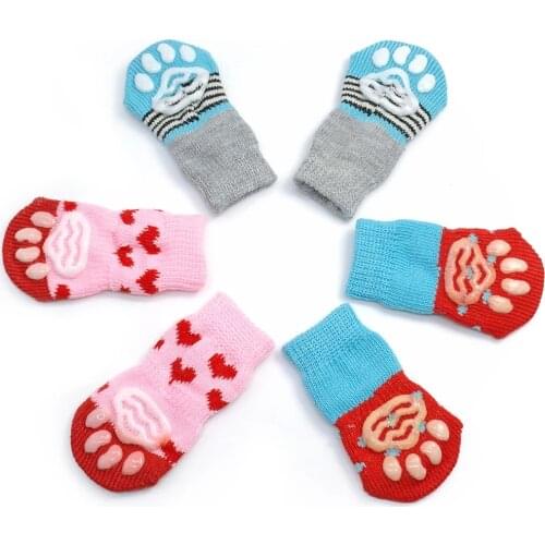 4pcs/lot Dog Shoes Lovely Warm Dog Socks Cotton Anti-slip Puppy Cat Knit Socks For Autumn Winter Indoor Wear Pet Supplies