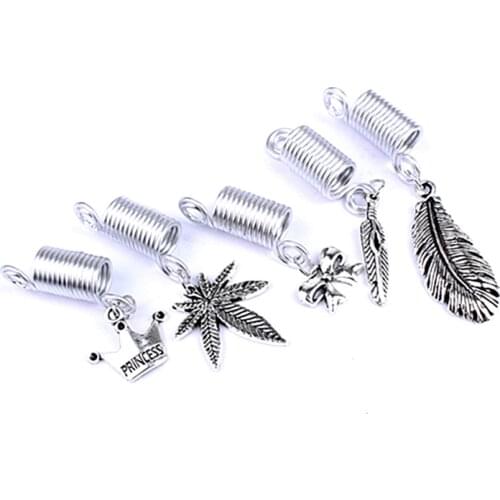 5Pcs Hair Braid Dread Dreadlock Beads Clips Cuff Silver Plated Adjustable Leaf Crown Feather Bow Braiding Hair Beads Pendant