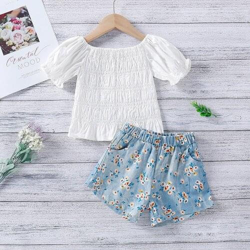 Girls Clothes Summer Fashion Two Piece Kids Suits Puff Sleeve White Shirts Floral Shorts Toddler Children Clothing Set 2-6Y