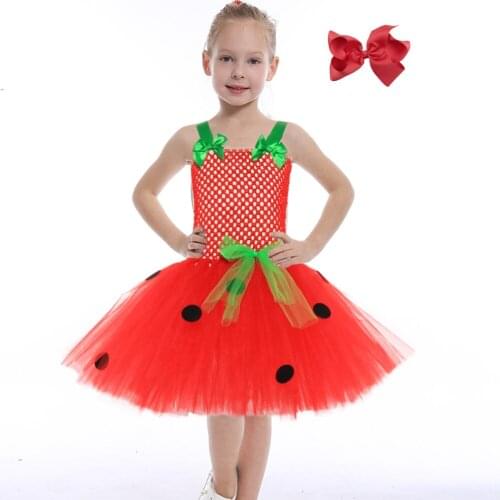 Red Dotted Baby Girls Strawberry Tutu Dress Birthday Costume Kids Clothes for Girl Tulle Flower Girl Dress with Hair Bows
