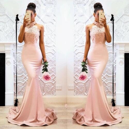 SuperKimJo Long Bridesmaid Dresses Pink Robe Demoiselle D'honneur High Neck Lace Applique Mermaid Cheap Wedding Party Dresses