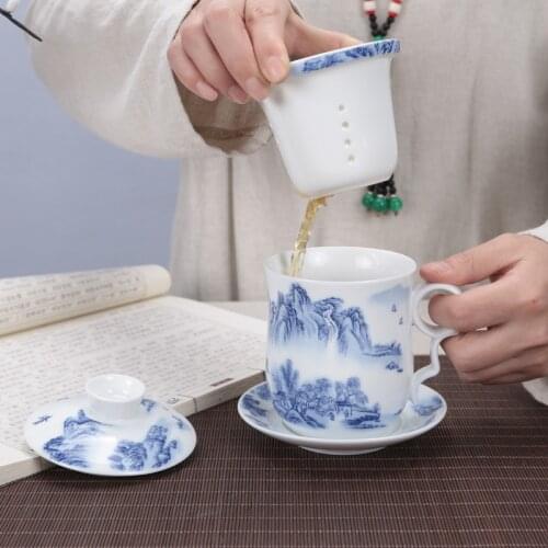 Chinese Landscape Painting Ceramic Teacup ingdezhen Blue And White Porcelain Tea Cup Set For Gift And Household Office Teaware