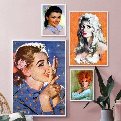 Beautiful Women Watercolor Painting 1970s Vintage Posters and Prints Girls Portrait Wall Art Canvas Print Bathroom Home Decor
