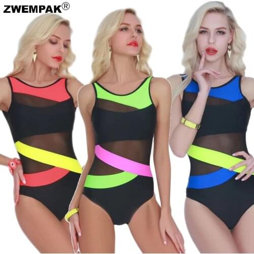 Summer Neon Patchwork Color Women Bodysuit Mesh Monokini Backless Sleeveless Retro One Piece Swimsuit Female Beach Wear Big 2XL
