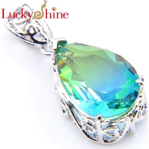 Luckyshine TOP Fashion Gradient Watermelon Tourmaline Waterdrop Crystal Zirconia Silver Women Engagement Gift Pendant Necklace