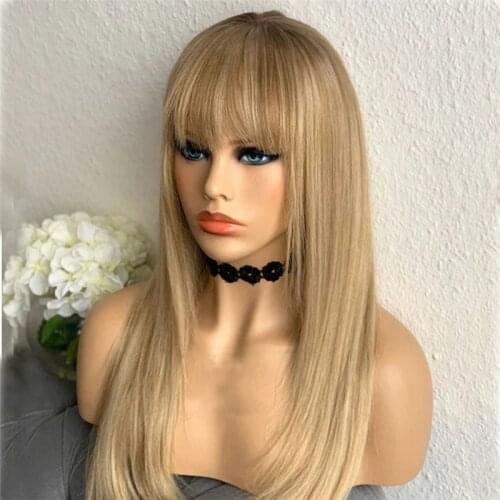 Honey Blonde Human Hair Wigs with Bangs Remy Hair Lace Front Wigs Golden Straight Hair Wig for Women Transparent Lace