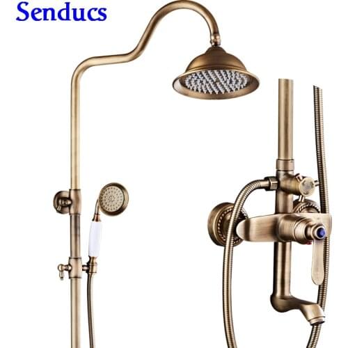 Senducs Antique Bathroom Shower Set 8 Inch Round Spa Rainfall Shower Head Brass Antique Bathroom Faucet Luxury Shower System