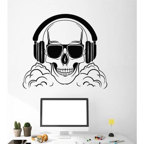 Skull Bones Wall Decal Headphones Funny Gamer Playroom Teens Bedroom Bar Interior Decor Music Vinyl Window Stickers Mural E001