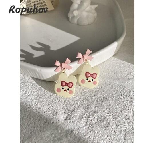 ROPUHOV 2021 New Korean ZA Trendy S925 Silver Needle Cartoon Cute Pink Bow Bunny Earrings Fun Earrings New Earrings