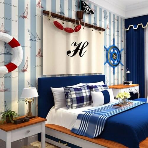 Mediterranean Childrens Room Wallpaper Boys Style Blue Vertical Stripes Cartoon Sailing Boat Non-woven Wall Papers Home Decor