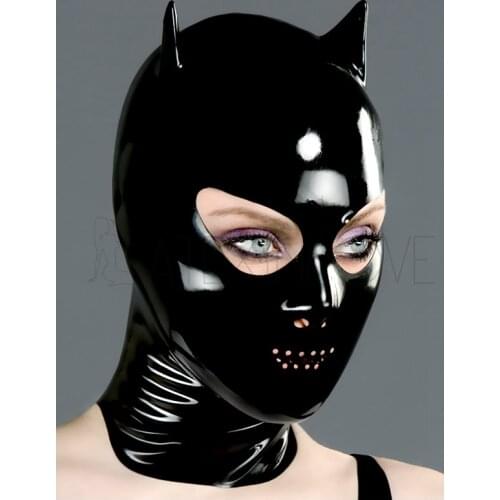 Sexy Black Latex Hero Natural Full Face Hood Open Eyes & Pinhole Mouth with Back Zipper