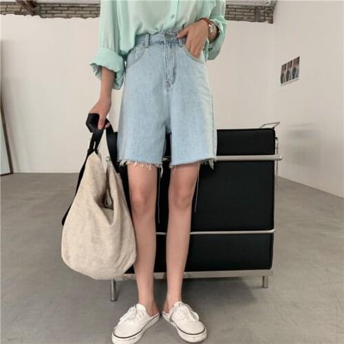 2021 Summer Cotton Shorts Jeans Women Streetwear Casual Button Biker Shorts Female Harajuku Distressed Wide Legs Denim Shorts