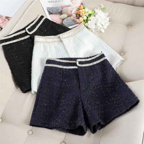 New Autumn Winter Fashion Women Woolen Shorts High Waist Pocket Bright Silk Shorts Female All Match Casual Wide leg Shorts A2033
