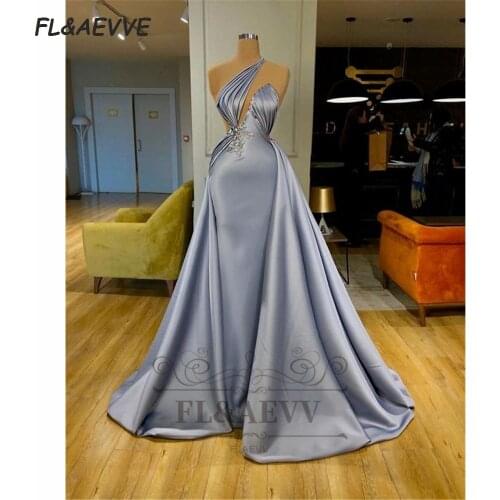 2021 Mermaid Evening Dress Grey Sleeveless Halter Elastic Satin Floor Length with Train Floor Length Evening Prom Party Gowns