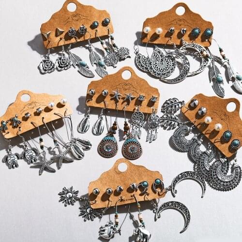 17KM Vintage Elephant Sun Shell Moon Earrings Set For Women 2020 Fashion Metal Fearther Dangle Earring New Ethnic Jewelry