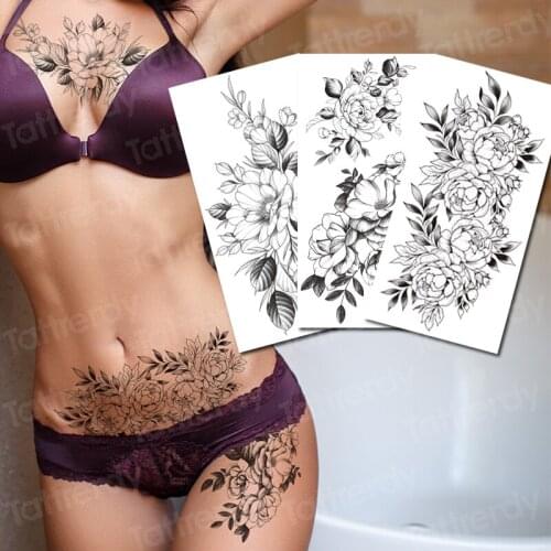 Geometric Flower Temporary Tattoos Sticker Realistic Fake Waterproof Black Rose Tatoos For Women Girl Body Art Arm Legs Tattoo
