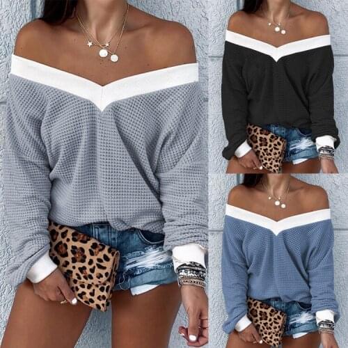 Off Shoulder Knitted Tops Women Sweater Autumn Winter V Neck Long Sleeve Loose Jumper Vintage Knitted Streetwear Ladies Sweater