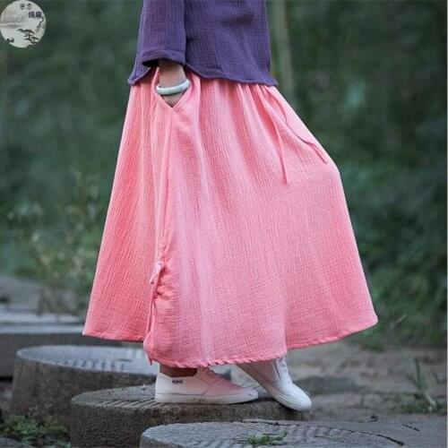 Autumn 2020 Summer Midi Skirt Elastic Waist Casual Solid Color Female Vintage Skirts Plus Size S-4XL 5XL Cotton Linen Skirt Pink