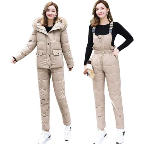 2021 new Winter Bib trousers Cotton Jacket Two-piece Womens Cotton Padded Jacket Thick Warm Cotton Trousers Casual Coats Female