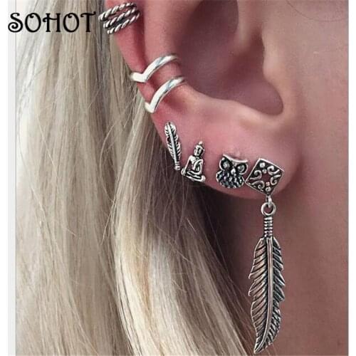 SOHOT 6PCS Vintage Silver Color Stud Earrings Sets Owl Feather Buddha Boho Jewelry Women Brincos Bijoux