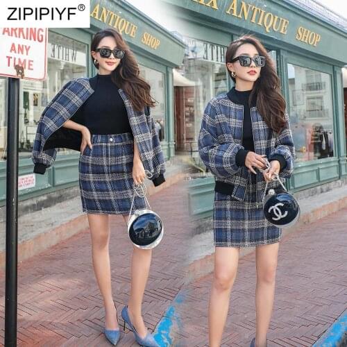 Elegant OL Leisure Batwing Sleeves Suit Sets 2019 Autumn Tide Women Plaid Zipper Jacket + Mini Skirt C1820