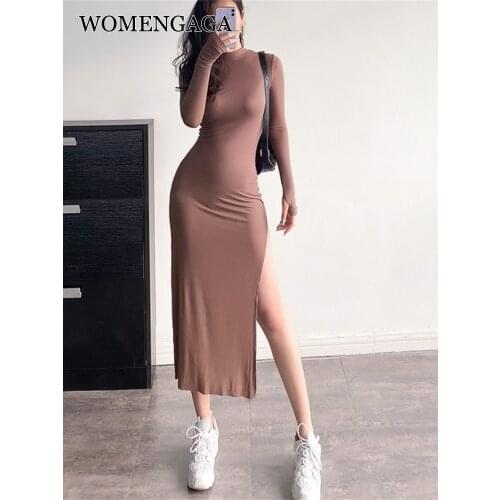 WOMENGAGA Elasticity Skinny Slim Sexy Split Dress Full Sleeve Hip-wrapped Sexy Mid-Calf Solid Color Sheath Long Dressees V7OR