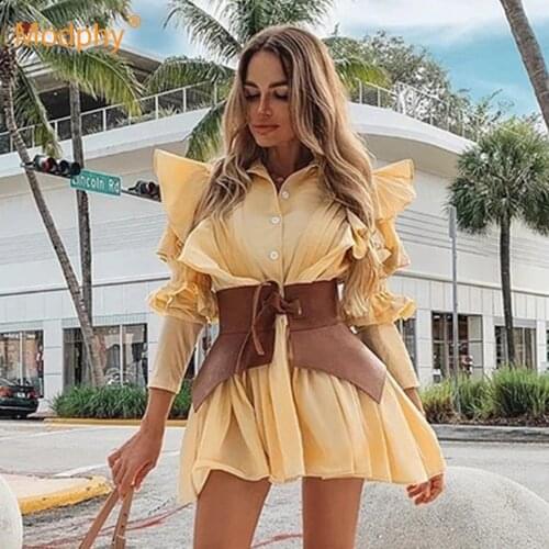 2020 New Autumn Fashion Women Ruffles Lantern Full Sleeves Pleated Single Breasted Turn-Down Collar Shirt Dress And Bundle