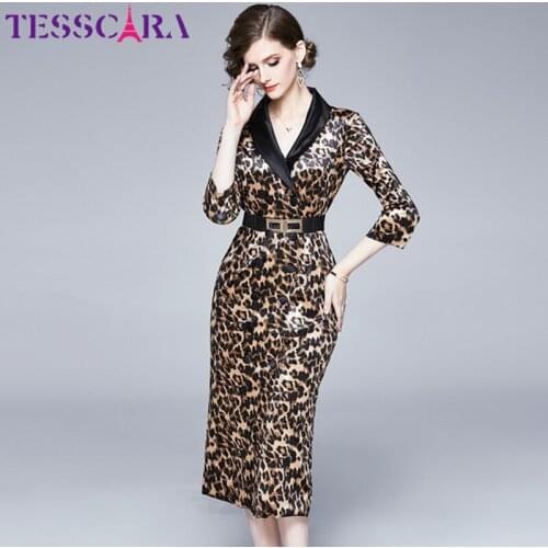 TESSCARA Women Winter Elegant Leopard Velvet Dress Female Designer Vintage Cocktail Robe High Quality Office Party Vestidos