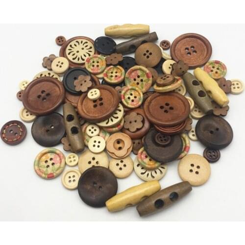 100g 9-30mm Mixed Round Flower Wooden Buttons Crafts Natural Brown Scrapbook Sewing Cardmaking Embellishments