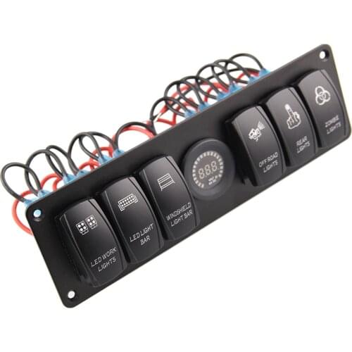 6 Gang Car Marine Boat Circuit RV LED Toggle Rocker Switch Panel Breaker Voltmeter for RV Car Boat Colorful Light