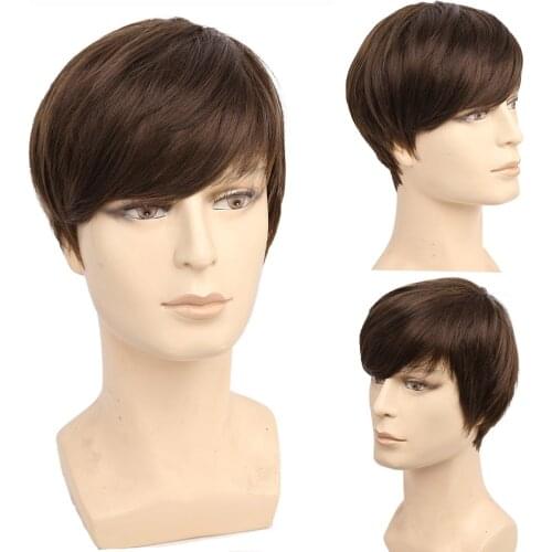 Amir Short Synthetic Hair Wigs Black Straight Dark Brown Wig Mens Short Synthetic Hair Men Wigs Dark Brown Color Natural Wig