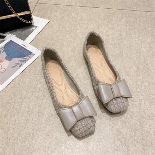 Women Flats Black/Grey Bowknot Woman Loafers Square Toe Slip on Fashion Womens Flat Casual Ballet Shoes Lady Single Shoes