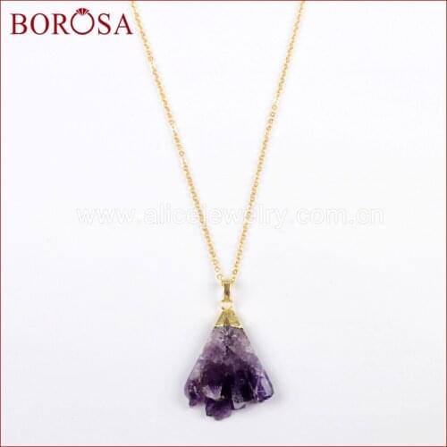 BOROSA 5PCS Gold Color 18inch Link Chain New Druzy Natural Purple Crystal Amethysts Necklace for Women Jewelry Gems WX894-N