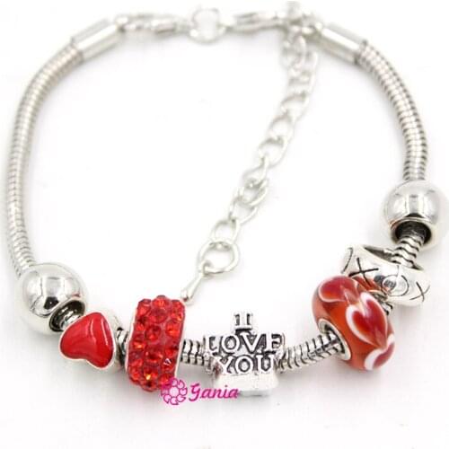 Newest Fashion Jewelry Bracelet Heart Lampwork Murano Glass Beads Valentines XOXO Charm Bracelets for Valentine Gift Jewelry