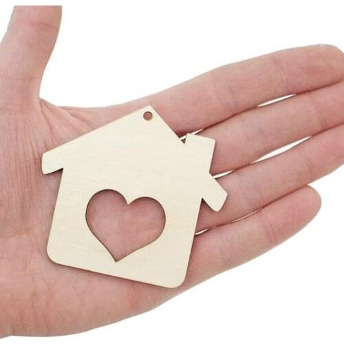 50x Wood House with Heart Cutout (7cm) diy blank Craft Cut out Wood Home wedding gift decoration keychain decoration